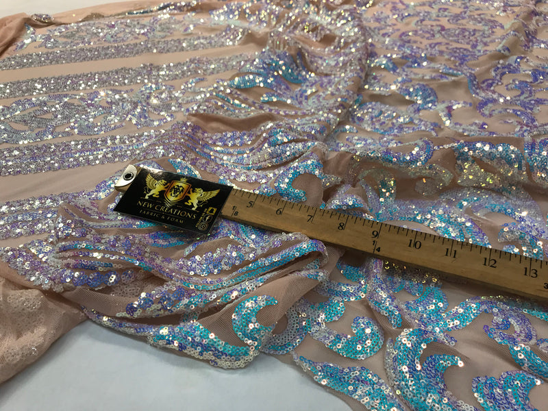 Aqua iridescent sequin classic design on a 4 way stretch nude mesh fabric-prom-nightgown-sold by the yard-free shipping in the usa-