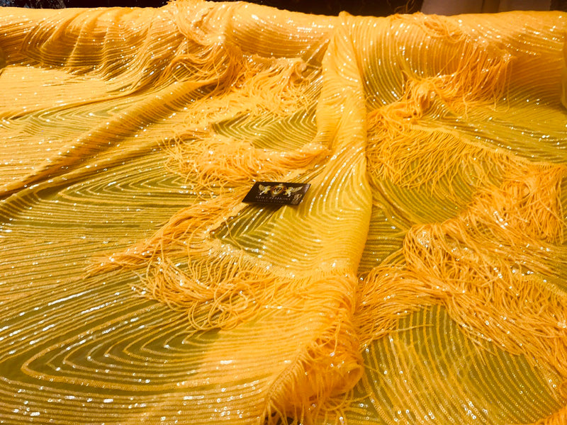 NEW!!!Dark yellow iridescent fringe sequins design on a 4 way stretch mesh fabric-sold by the yard.