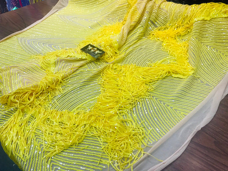 NEW!! Bright yellow fringe sequins design on a 4 way stretch nude mesh fabric-prom-nightgown-sold by the yard-free shipping in the USA-