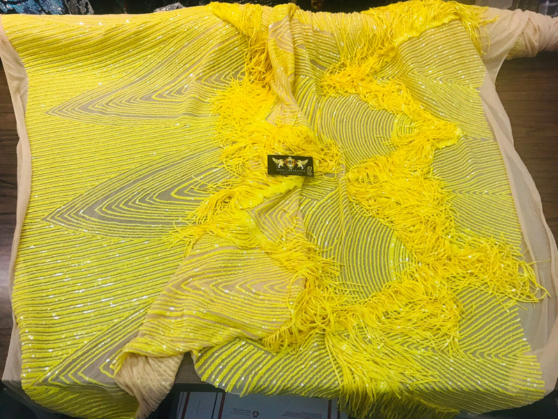 NEW!! Bright yellow fringe sequins design on a 4 way stretch nude mesh fabric-prom-nightgown-sold by the yard-free shipping in the USA-