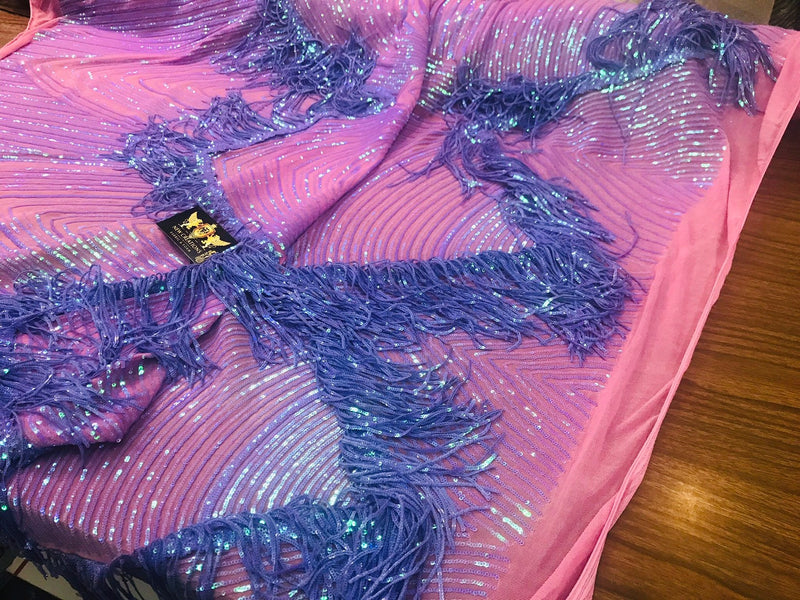 NEW!! Lavender iridescent fringe sequins design on a 4 way stretch pink mesh fabric-prom-nightgown-sold by the yard-free shipping in the USA