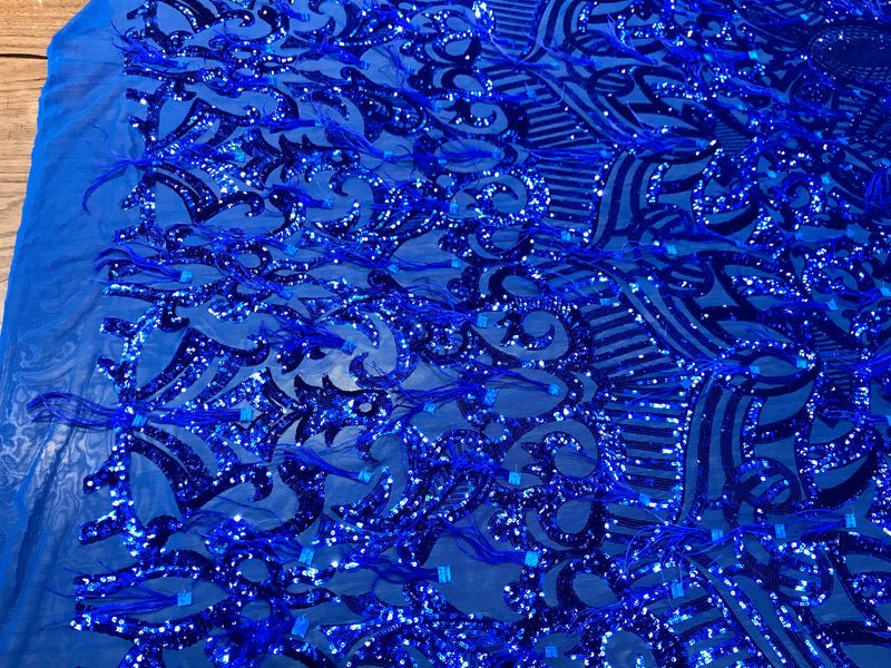 Royal Blue Sequins Design With Feathers On A 4 Way Stretch Mesh Fabric-Prom -Sold By The Yard.