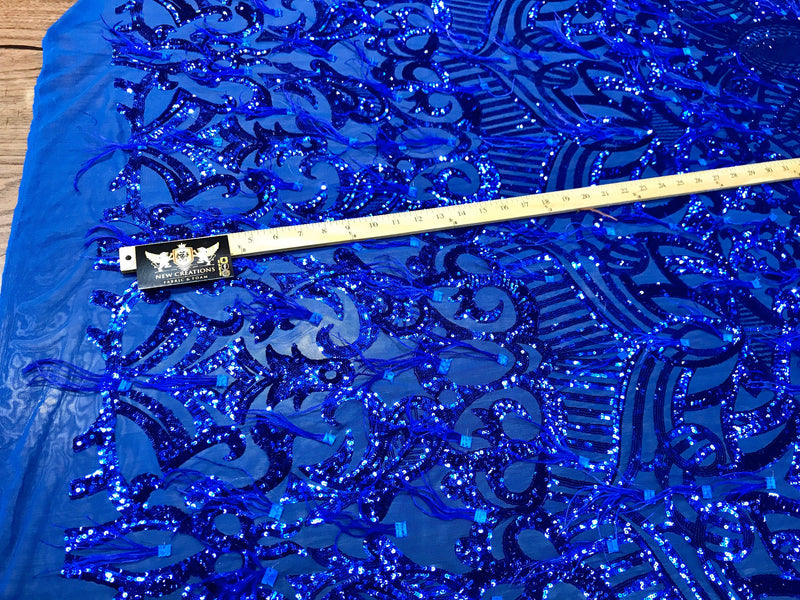 Royal Blue Sequins Design With Feathers On A 4 Way Stretch Mesh Fabric-Prom -Sold By The Yard.