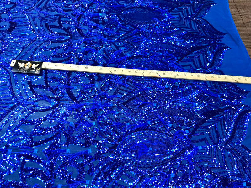 Royal Blue Sequins Design With Feathers On A 4 Way Stretch Mesh Fabric-Prom -Sold By The Yard.
