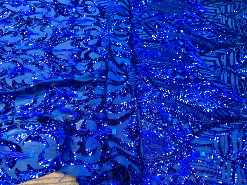 Royal Blue Sequins Design With Feathers On A 4 Way Stretch Mesh Fabric-Prom -Sold By The Yard.