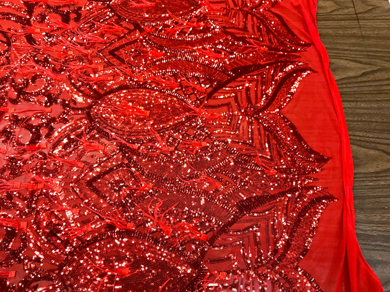 Red sequins Design With Feathers On A 4 Way Stretch Mesh Fabric-Prom-Nightgown-Sold By The Yard-Free Shipping In The USA-