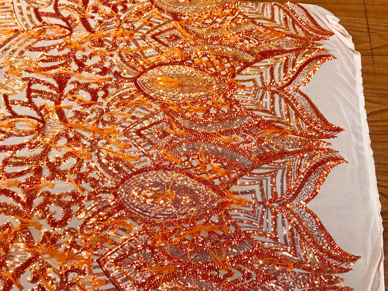 Orange Iridescent Sequins With Feathers On A 4 Way Stretch Nude Mesh Fabric-Prom-Nightgown-Sold By The Yard-Free Shipping In The USA-