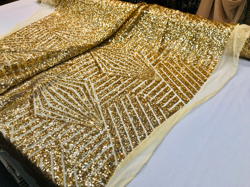 Gold shiny sequin geometric diamond design on a 2 way stretch mesh fabric-prom-nightgown-sold by the yard-free shipping in the USA-
