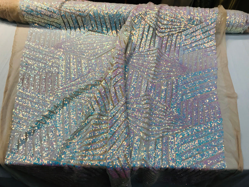 Aqua iridescent sequin geometric diamond design on a 4 way stretch nude mesh fabric-prom-nightgown-sold by the yard-free shipping in the USA