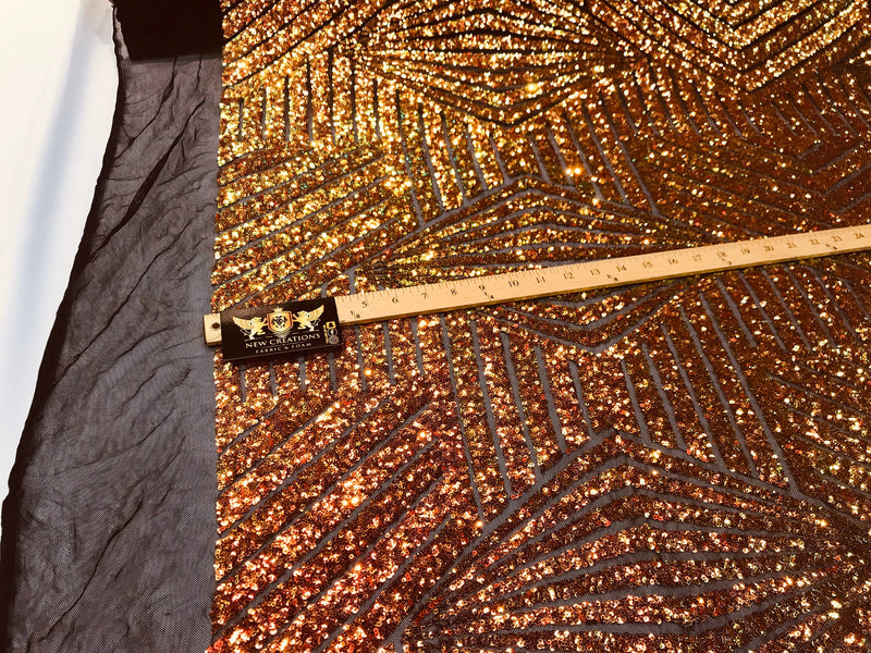 Orange iridescent sequin geometric diamond design on a 2 way stretch black mesh fabric-prom-nightgown-sold by the yard-free shipping in USA-
