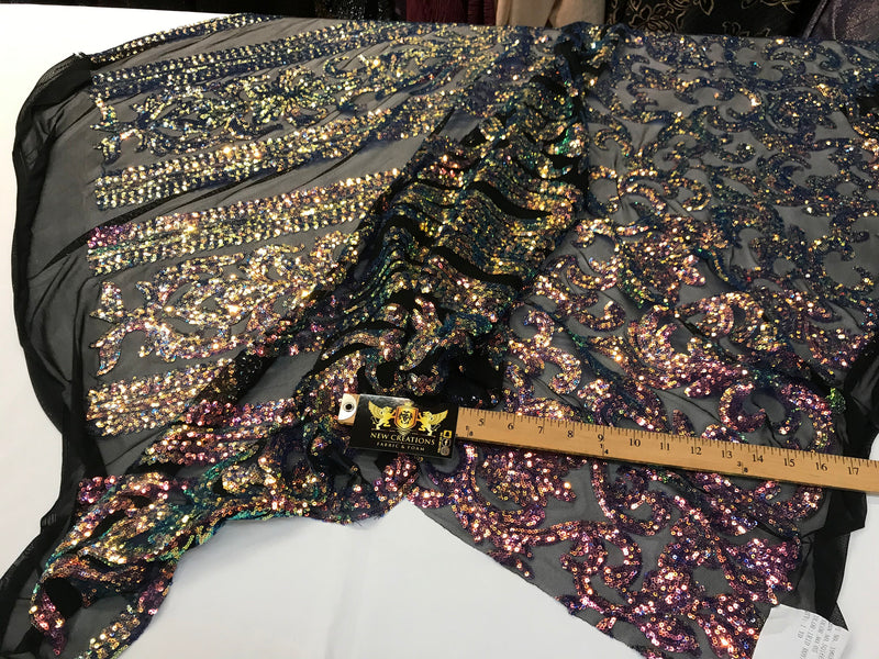 Rainbow iridescent sequin classic design on a 4 way stretch black mesh fabric -prom-nightgown-sold by the yard-free shipping in the USA-