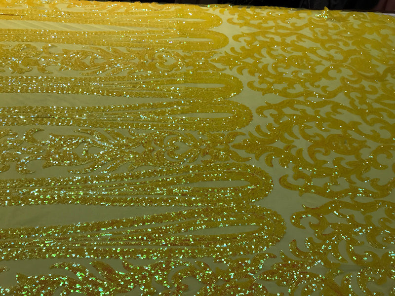 Yellow iridescent sequin classic design on a 4 way stretch mesh fabric-prom-nightgown-sold by the yard-free shipping in the usa-