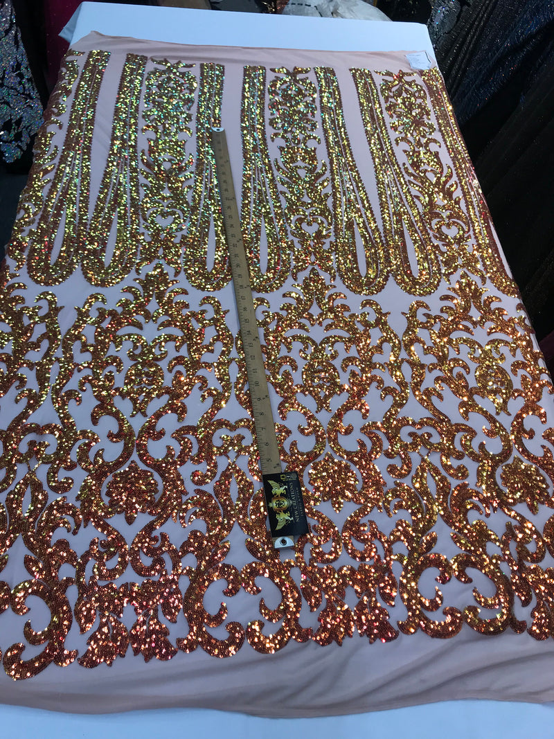 Orange iridescent sequin classic design on a 4 way stretch nude mesh fabric-prom-nightgown-sold by the yard-free shipping in the usa-