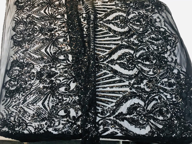 Black shiny sequin damask design on a 4 way stretch mesh-sold by the yard-free shipping in the usa-