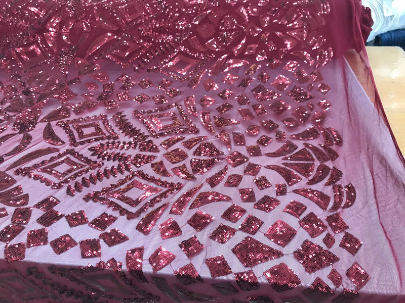 New burgundy shiny diamond design with sequins on a 4 way stretch mesh-prom-nightgown-sold by the yard-free shipping in the USA.
