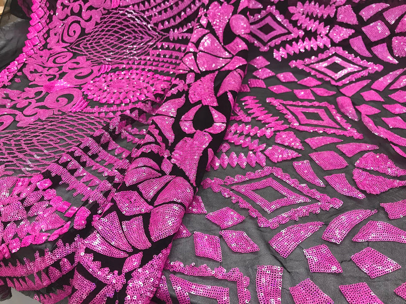 New hot pink iridescent diamond design with sequins on a 4 way stretch black mesh-prom-nightgown-sold by the yard-free shipping in the USA-