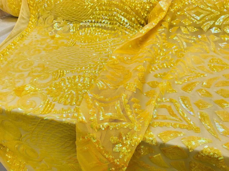 New yellow iridescent diamond design with sequins on a 4 way stretch mesh-sold by the yard.