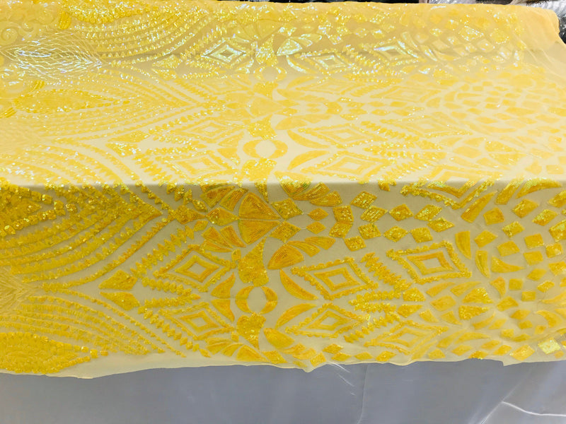 New yellow iridescent diamond design with sequins on a 4 way stretch mesh-sold by the yard.