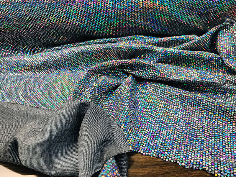 Silver iridescent hologram round sequins on a metallic silver spandex-sold by the yard-free shipping in the usa-