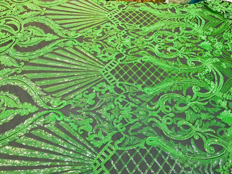 Neon green iridescent shiny sequin damask design on a black 4 way stretch mesh-sold by the yard.