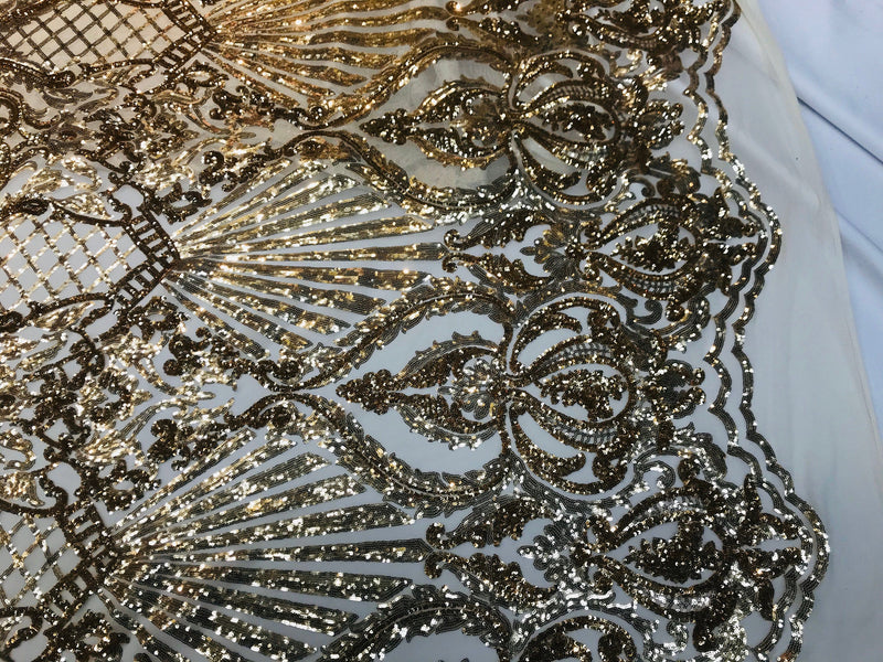 Gold shiny sequin damask design on a 4 way stretch mesh-prom-nightgown-sold by the yard.