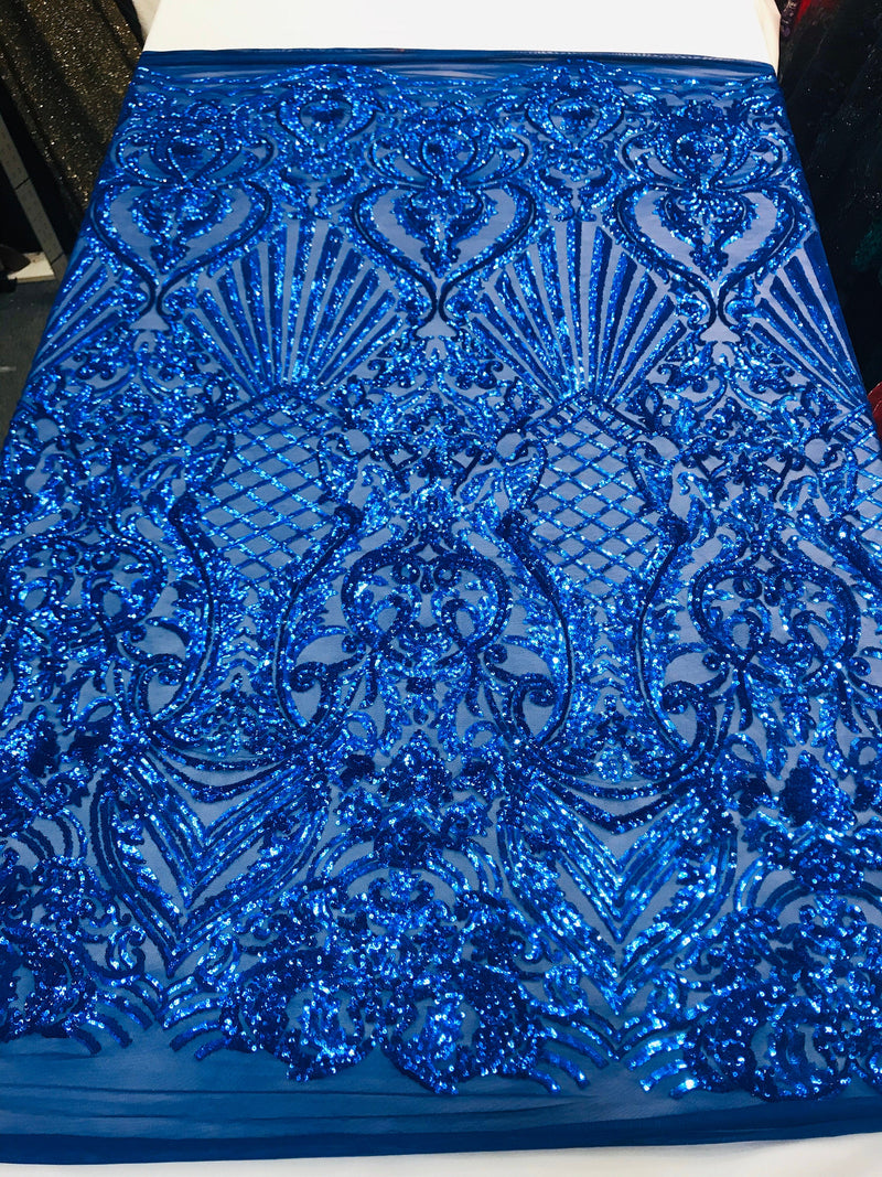 Royal blue shiny sequin damask design on a 4 way stretch mesh-prom-nightgown-sold by the yard-free shipping in the usa-