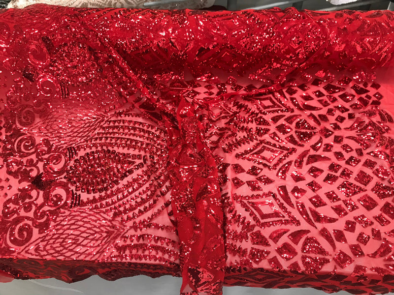 New red shiny diamond design with sequins on a 4 way stretch mesh-prom-nightgown-sold by the yard-free shipping in the USA-
