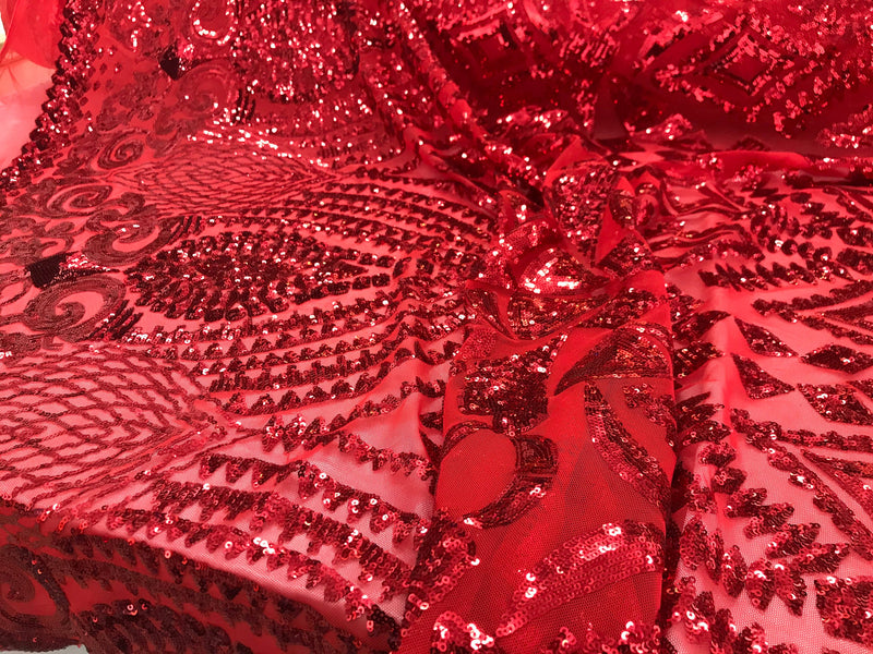 New red shiny diamond design with sequins on a 4 way stretch mesh-prom-nightgown-sold by the yard-free shipping in the USA-