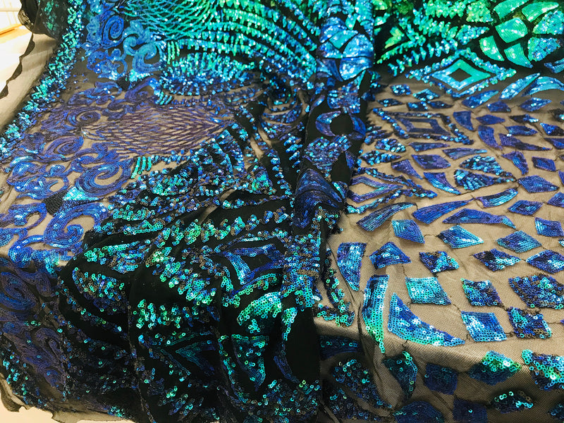 New green/blue iridescent diamond design with sequin on a black 4 way stretch mesh-sold by the yard