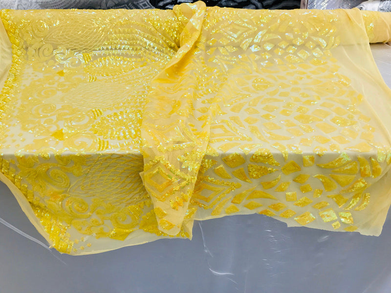 New yellow iridescent diamond design with sequins on a 4 way stretch mesh-sold by the yard.