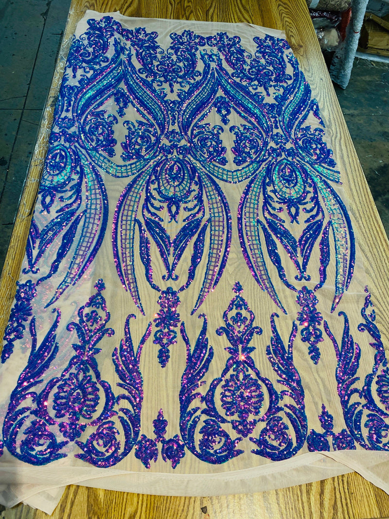 Lavender/Green iridescent sequin damask design on a nude 4 way stretch mesh-48”-50”-prom-nightgown-sold by the yard.