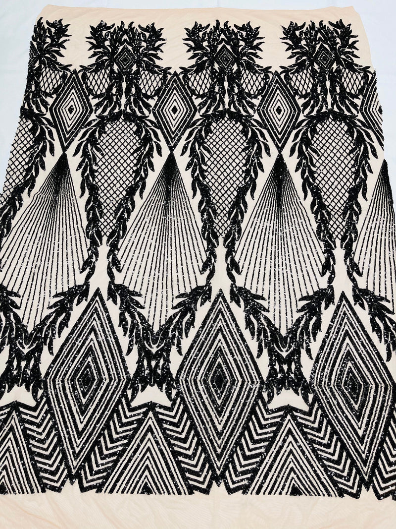 Black geometric diamond design with shiny sequins on a nude 4 way stretch mesh-sold by the yard.