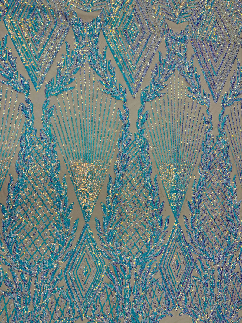 Aqua diamond design with shiny iridescent sequins on a nude 4 way stretch mesh-sold by the yard.