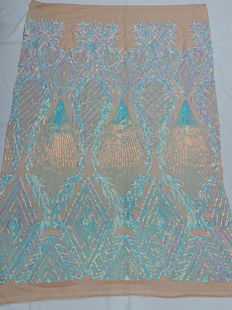 Aqua geometric diamond design with iridescent sequins on a nude 4 way stretch mesh-sold by the yard