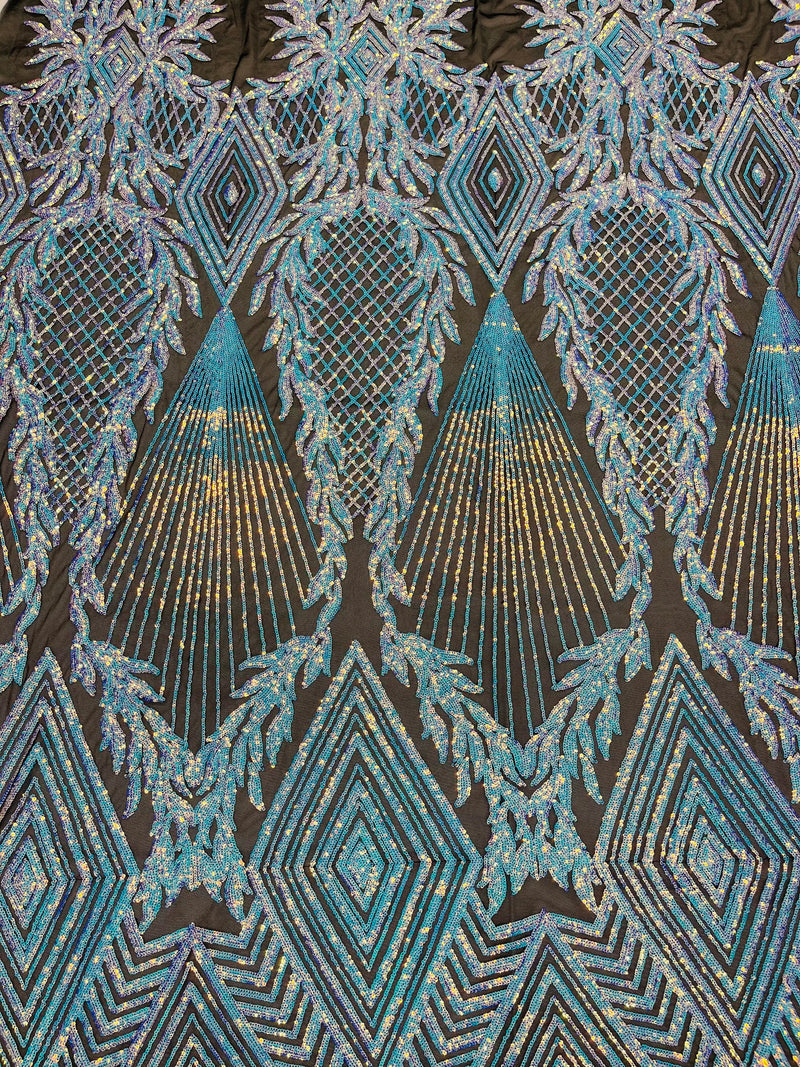 Aqua diamond design with shiny iridescent sequins on a black 4 way stretch mesh-sold by the yard