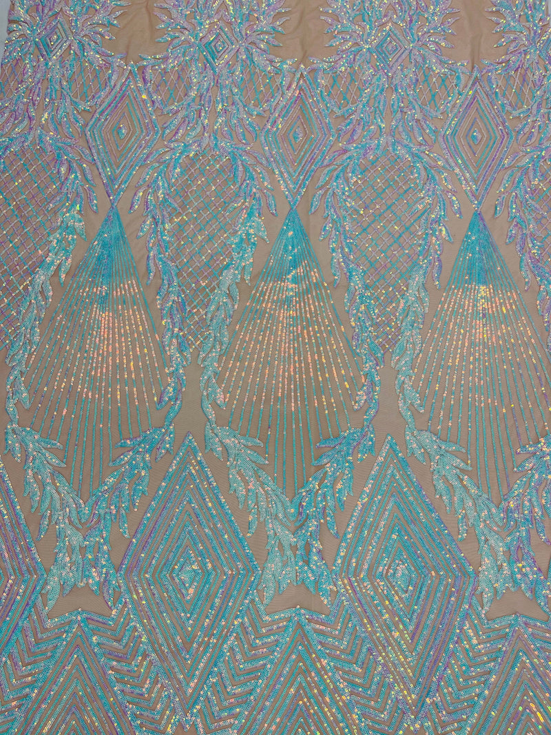 Aqua geometric diamond design with iridescent sequins on a nude 4 way stretch mesh-sold by the yard