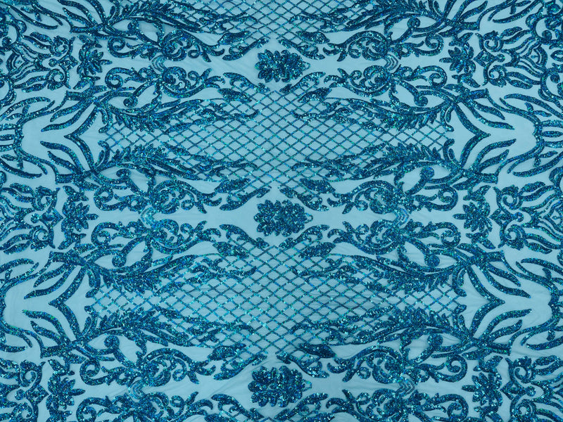 Turquoise iridescent shiny sequin damask design on a 4 way stretch mesh-prom-sold by the yard.