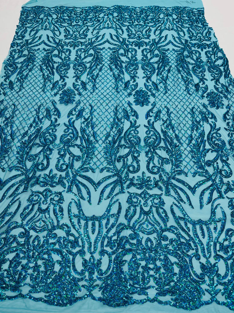 Turquoise iridescent shiny sequin damask design on a 4 way stretch mesh-prom-sold by the yard.