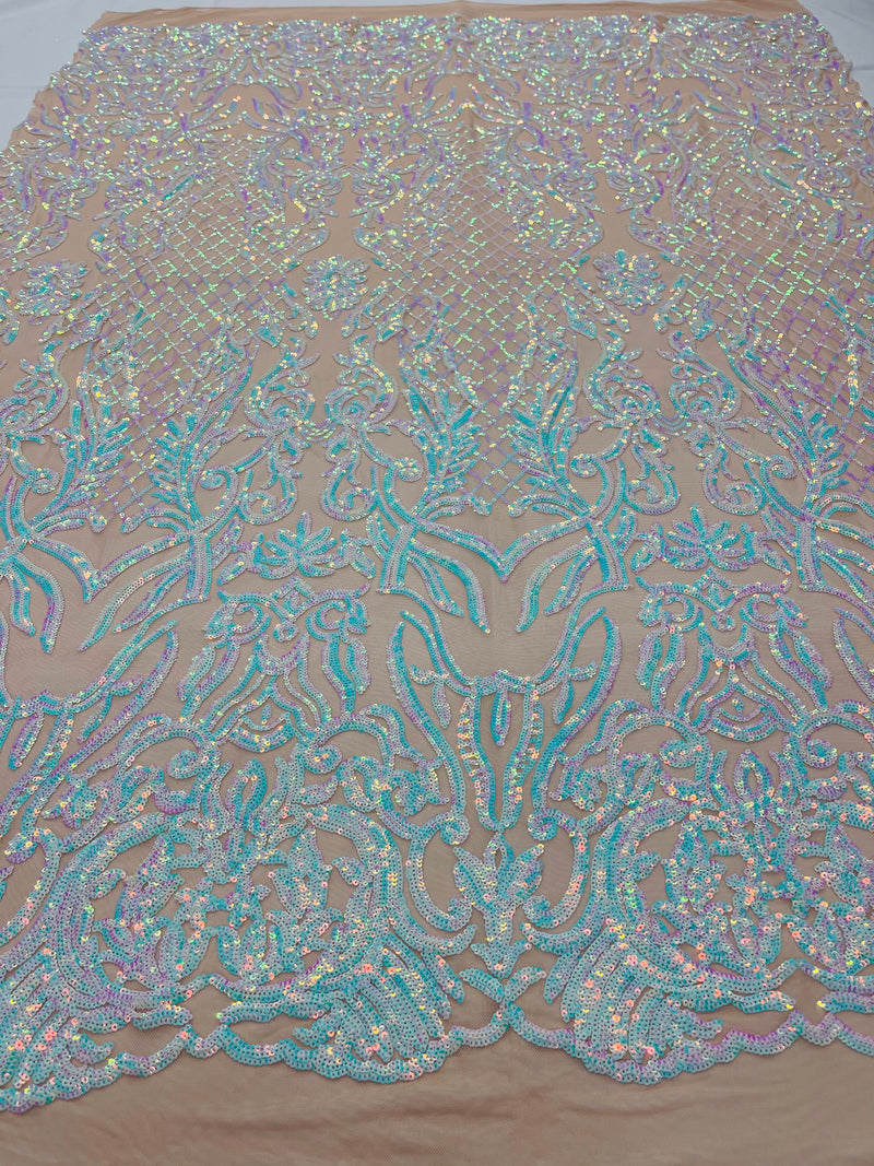 Aqua unicorn iridescent shiny sequin damask design on a nude 4 way stretch mesh-sold by the yard.
