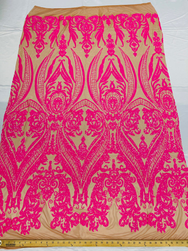 Hot pink iridescent sequin damask design on a nude 4 way stretch mesh- Prom- sold by the yard.