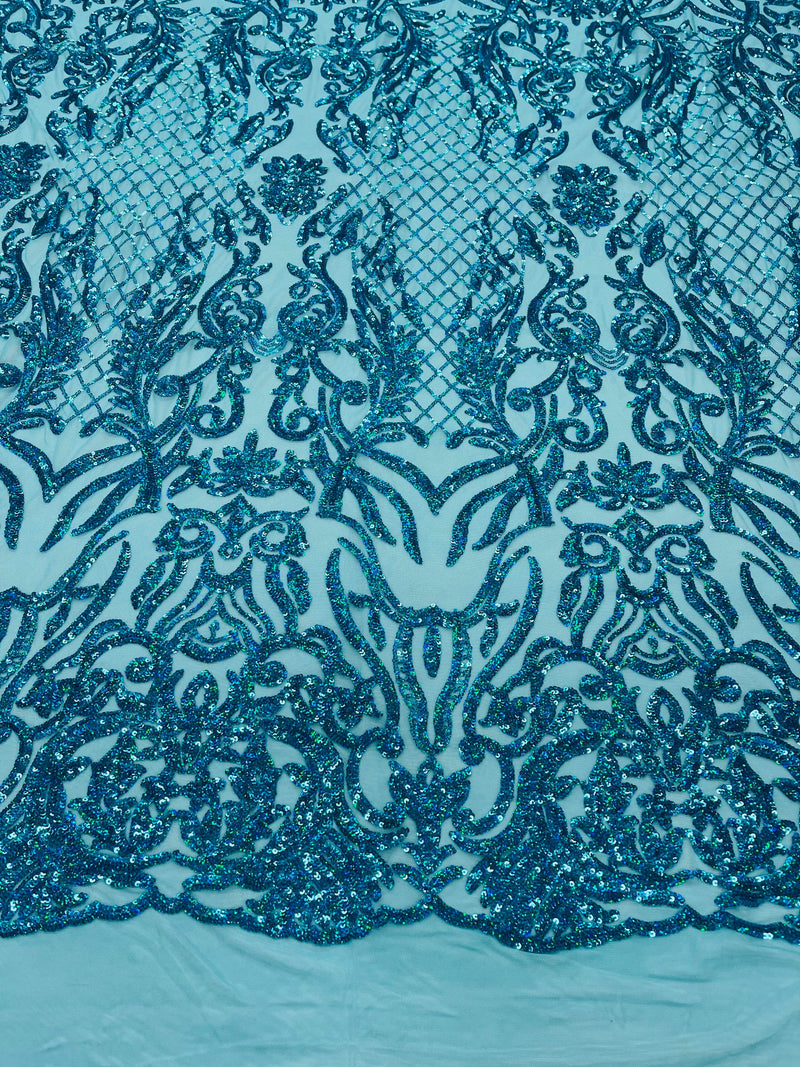 Turquoise iridescent shiny sequin damask design on a 4 way stretch mesh-prom-sold by the yard.