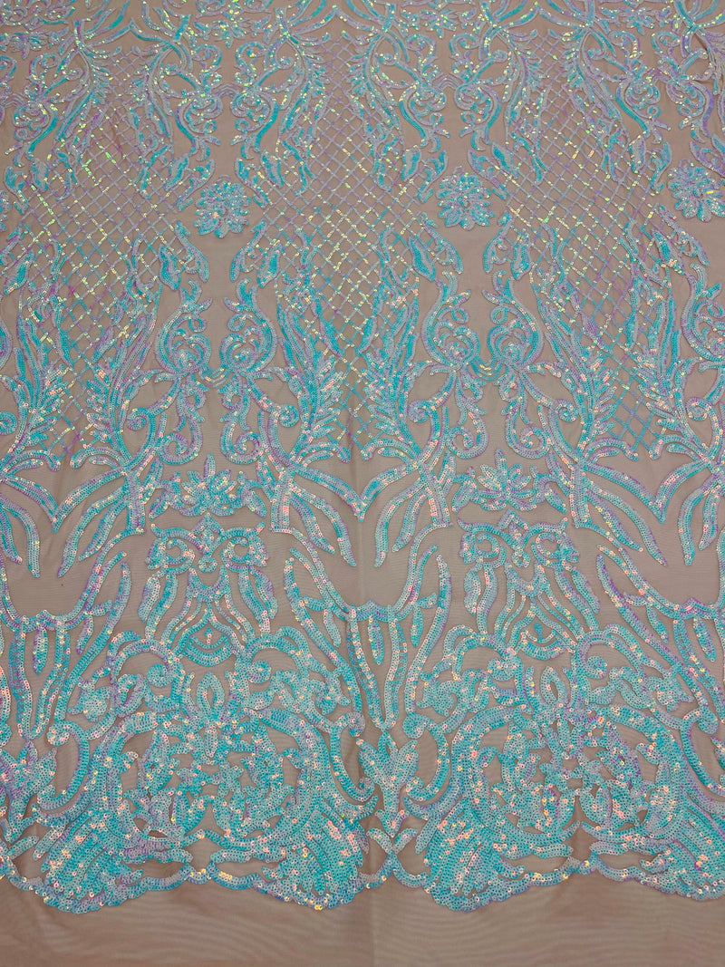 Aqua unicorn iridescent shiny sequin damask design on a nude 4 way stretch mesh-sold by the yard.