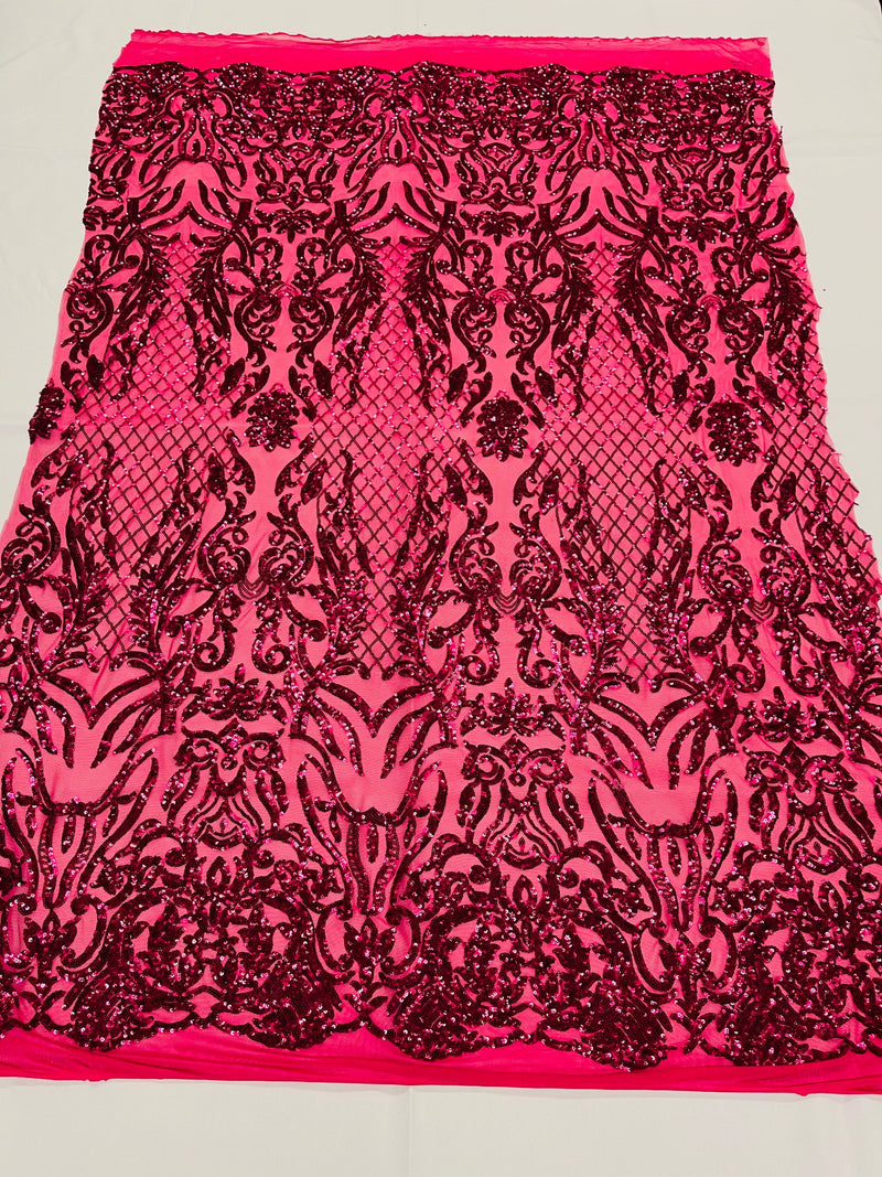 Fuchsia shiny sequin damask design on a 4 way stretch mesh-prom-nightgown-sold by the yard.