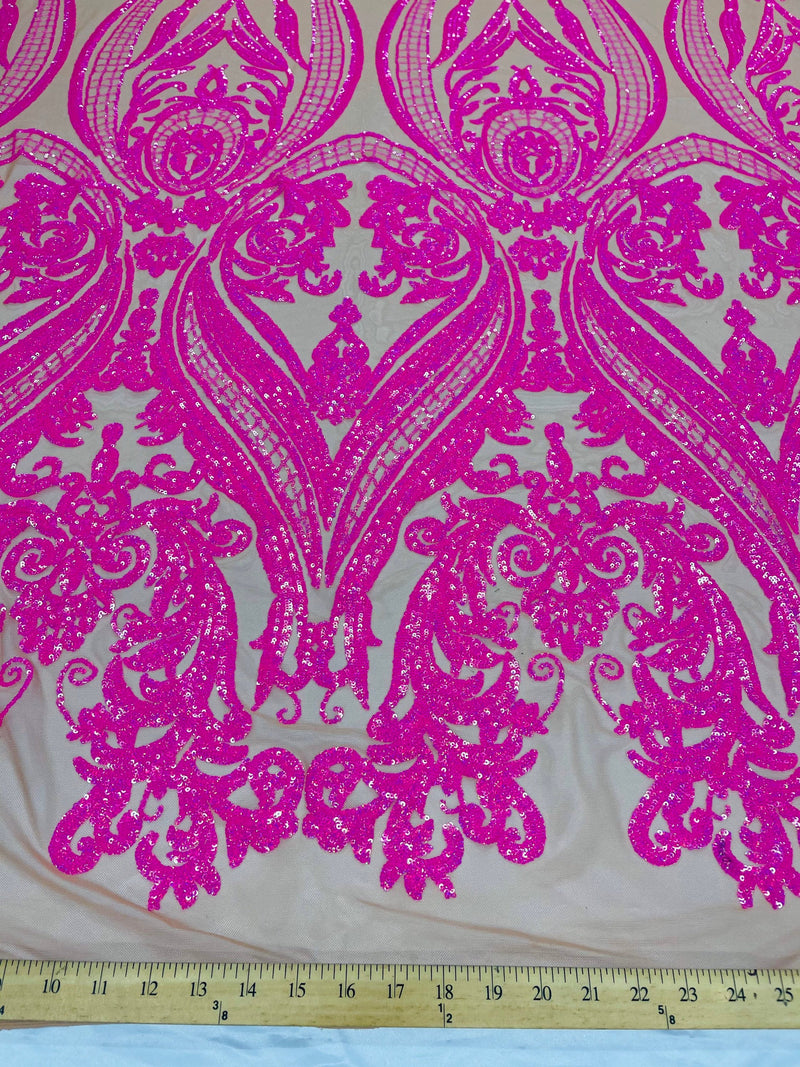 Hot pink iridescent sequin damask design on a nude 4 way stretch mesh- Prom- sold by the yard.