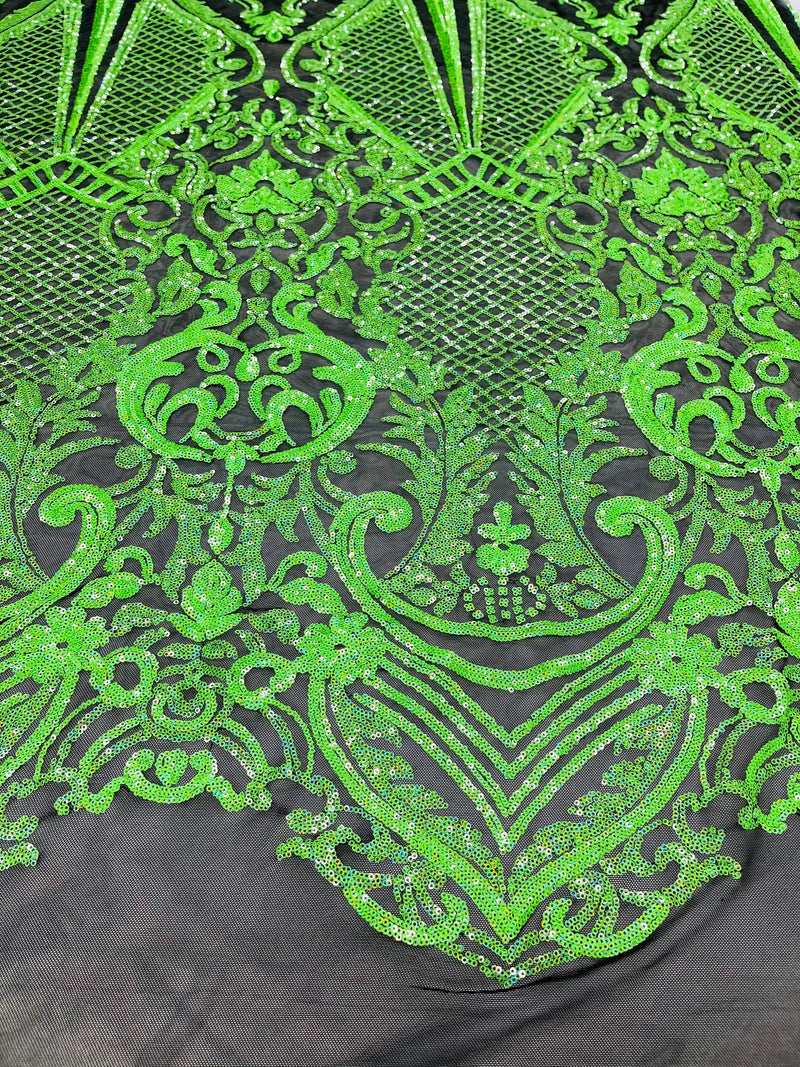 Neon green princess design iridescent sequins on a 4 way stretch black mesh-sold by the yard.