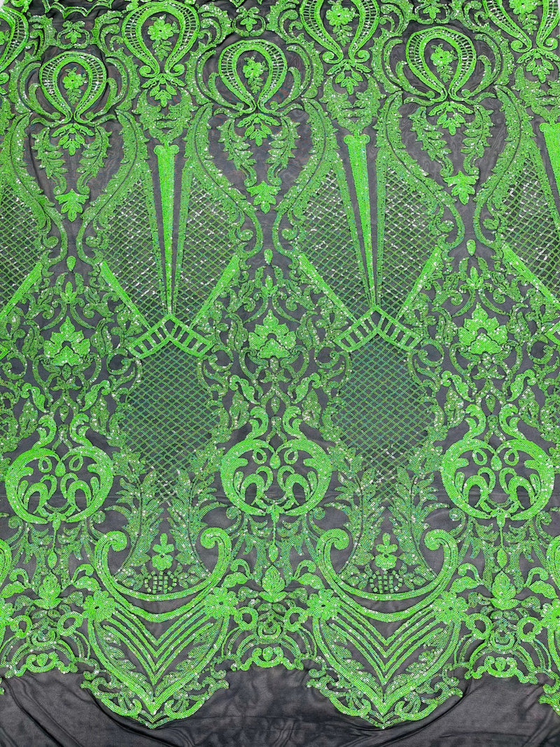 Neon green princess design iridescent sequins on a 4 way stretch black mesh-sold by the yard.