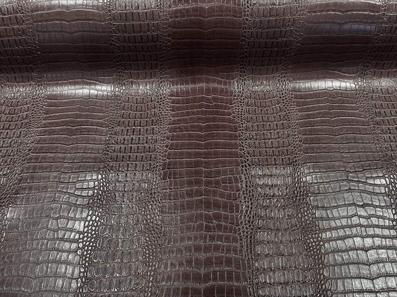 Chocolate Brown 53/54" Wide Gator Fake Leather Upholstery, 3-D Crocodile Skin Texture Faux Leather PVC Vinyl Fabric Sold By The Yard.