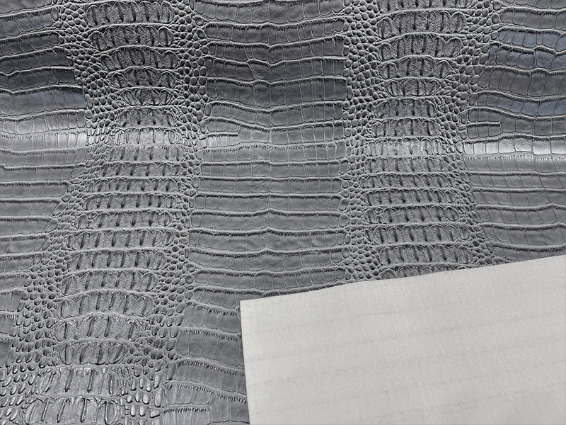 Gray  53/54" Wide Gator Fake Leather Upholstery, 3-D Crocodile Skin Texture Faux Leather PVC Vinyl Fabric Sold By The Yard.