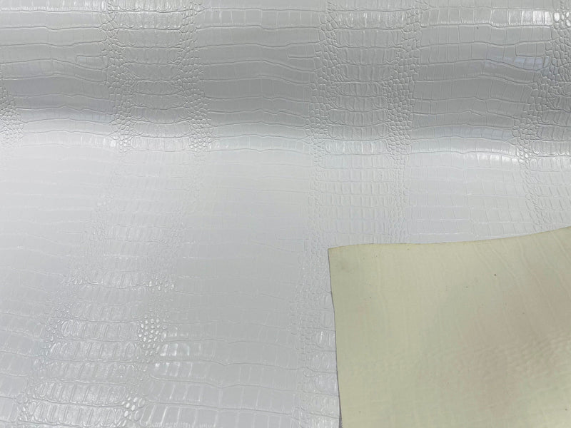 White 53/54" Wide Gator Fake Leather Upholstery, 3-D Crocodile Skin Texture Faux Leather PVC Vinyl Fabric Sold By The Yard.