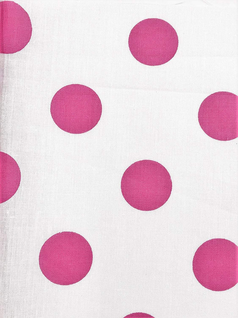 Fuchsia On White 58" Wide Premium 1 inch Polka Dot Poly Cotton Fabric Sold By The Yard.